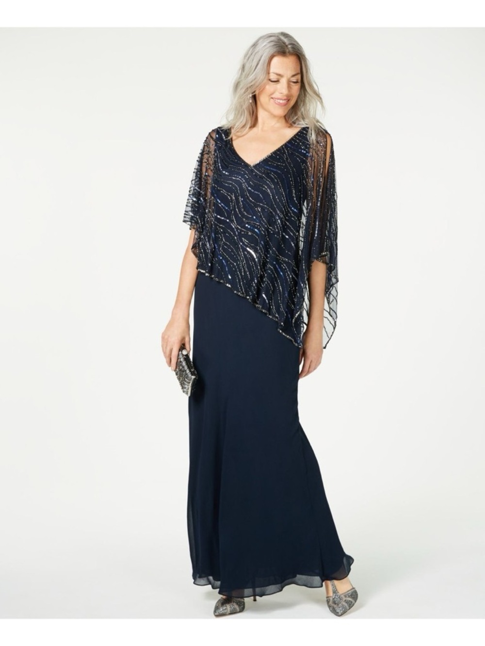 J Kara beaded overlay chiffon navy long gown mother of bride NWT 18W